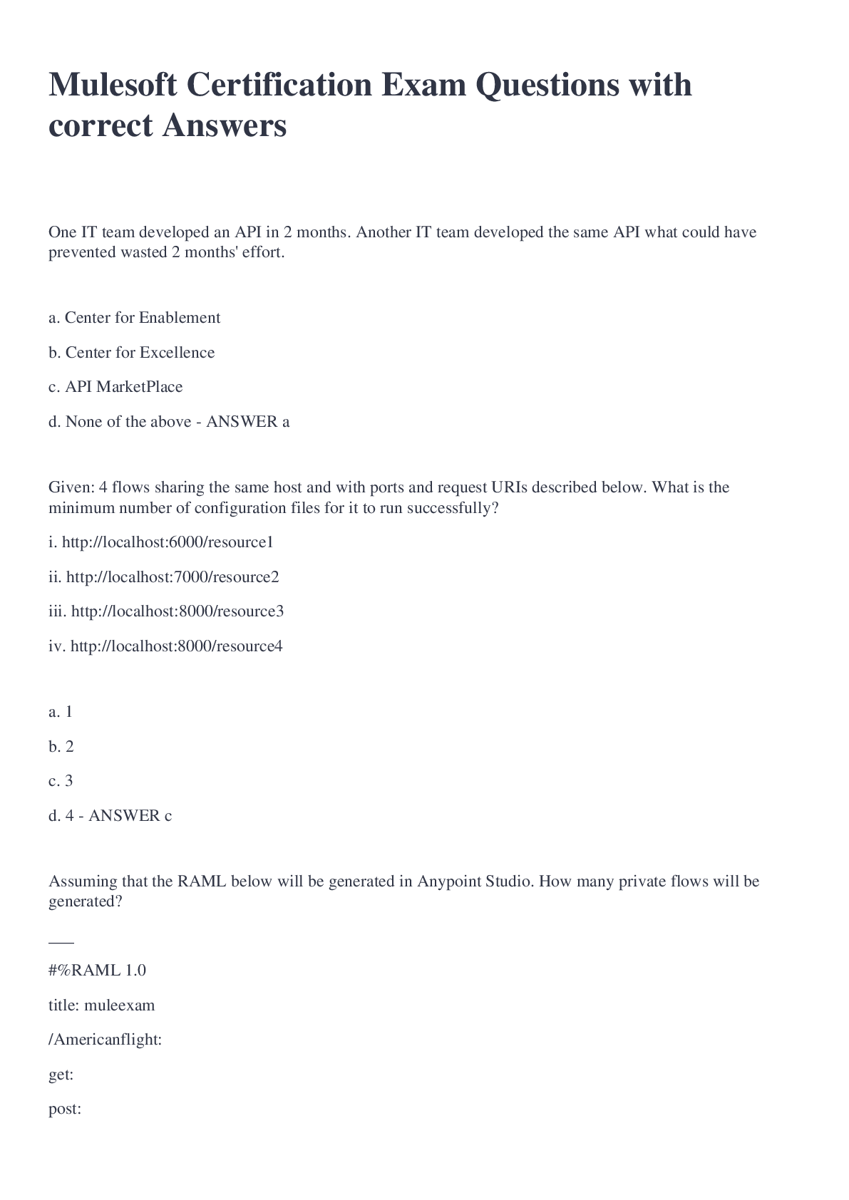 Preview image of Mulesoft Certification Exam Questions with correct Answers document